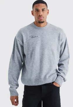 Tall Boxy Homme Extended Neck Brushed Rib Knit Sweater Charcoal