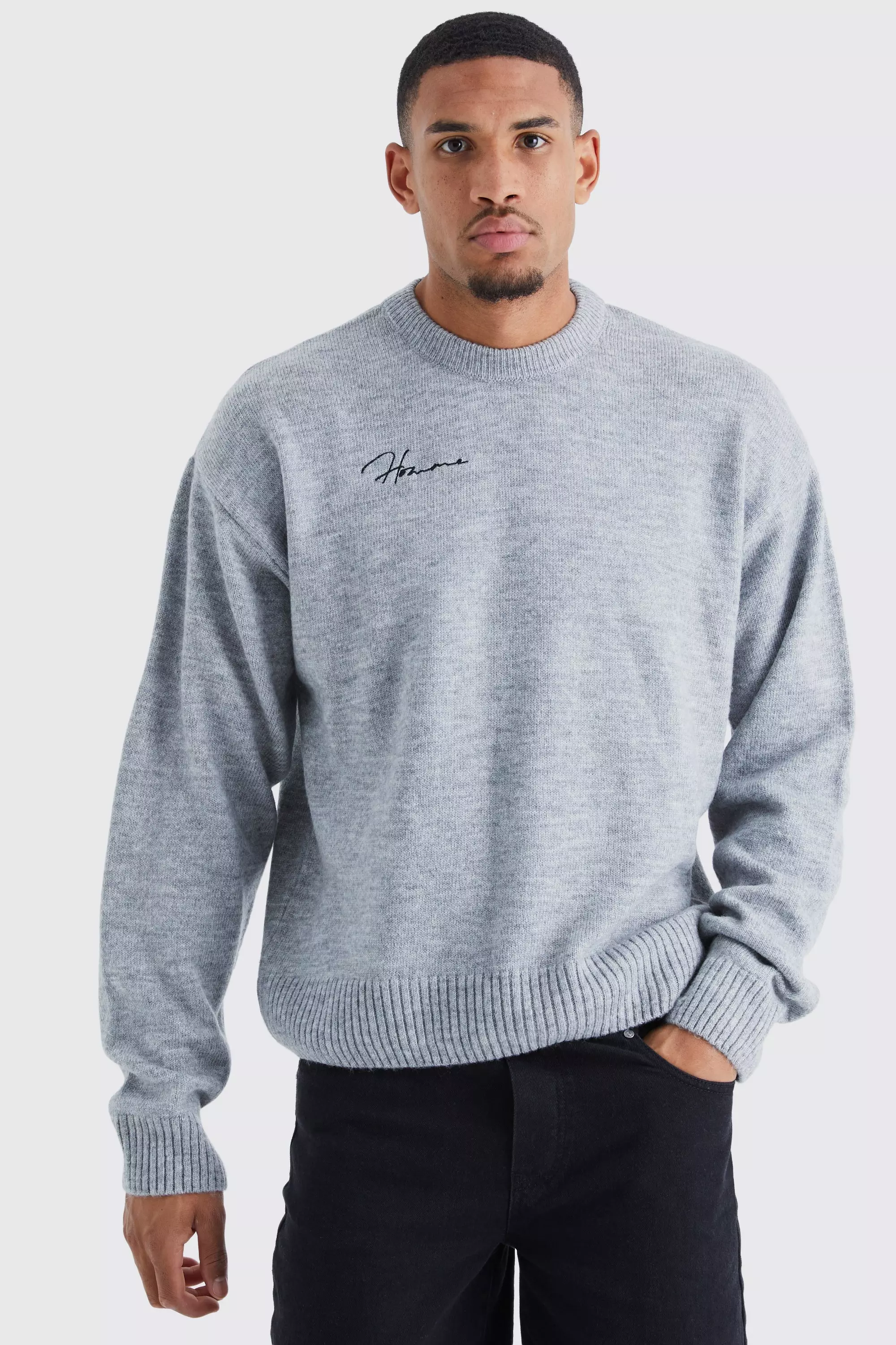 Charcoal Grey Tall Boxy Homme Extended Neck Brushed Rib Knit Sweater