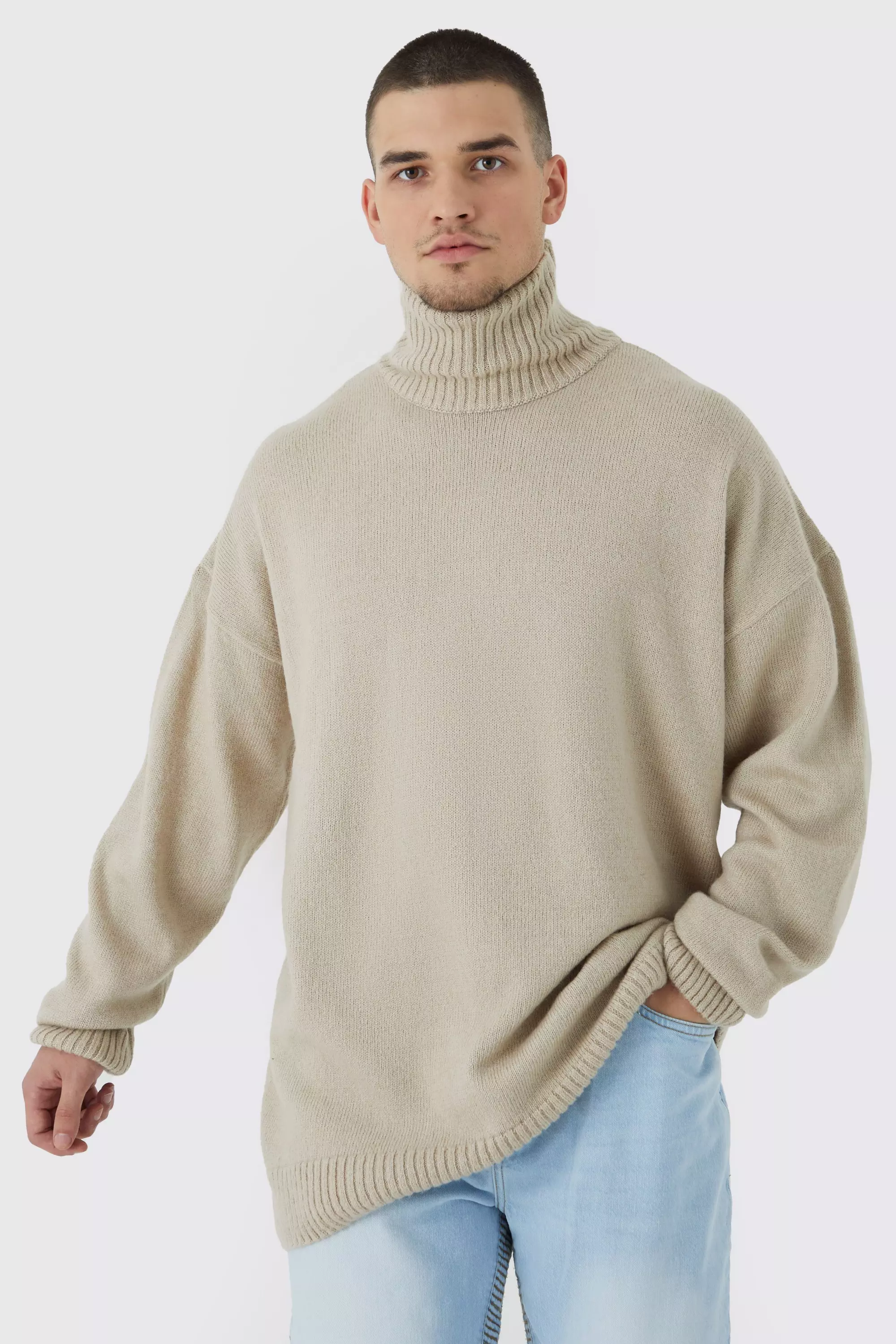 Tall Oversized Funnel Neck Brushed Knit Sweater Stone