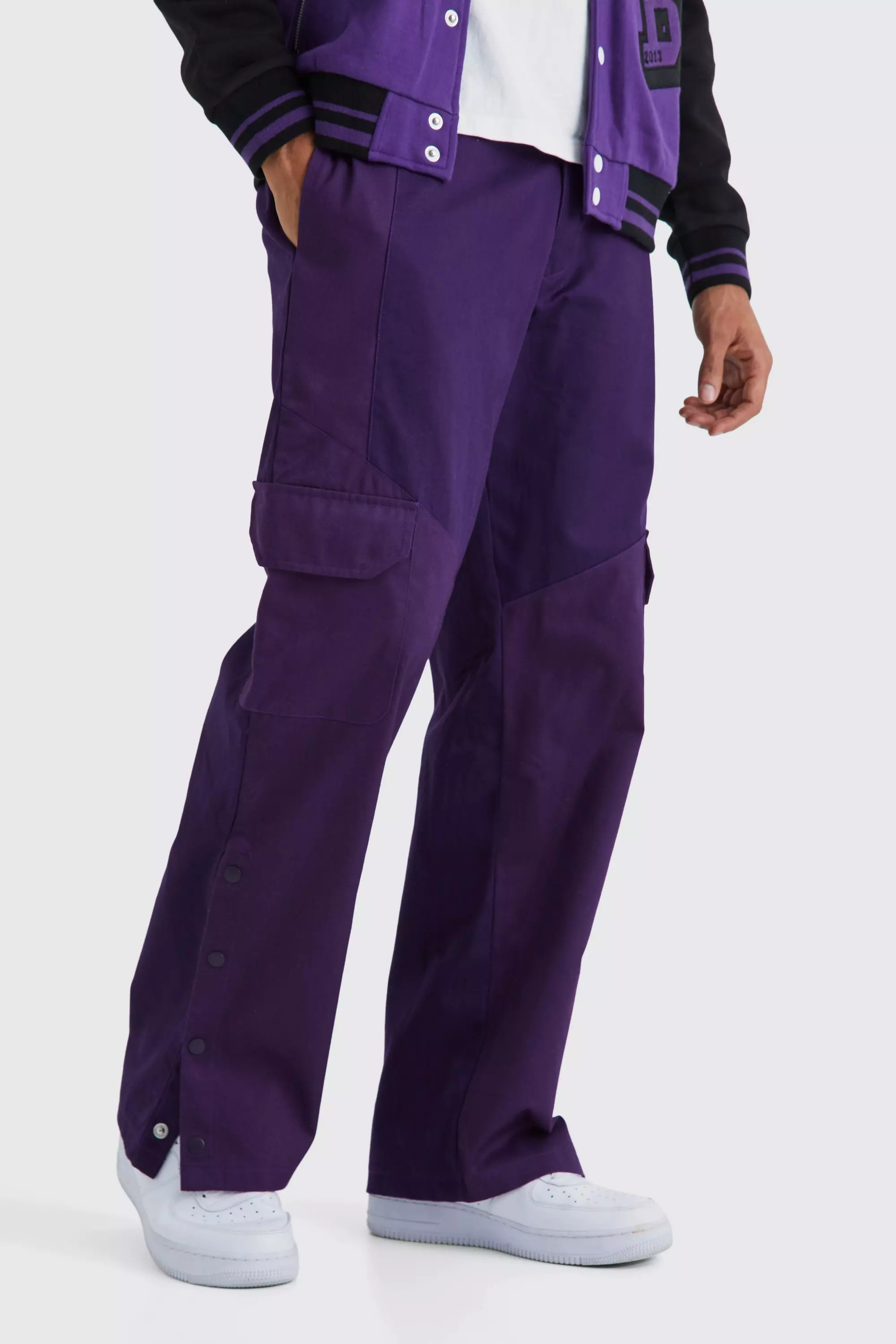 Purple Slim Fit Colour Block Cargo Pants With Woven Tab