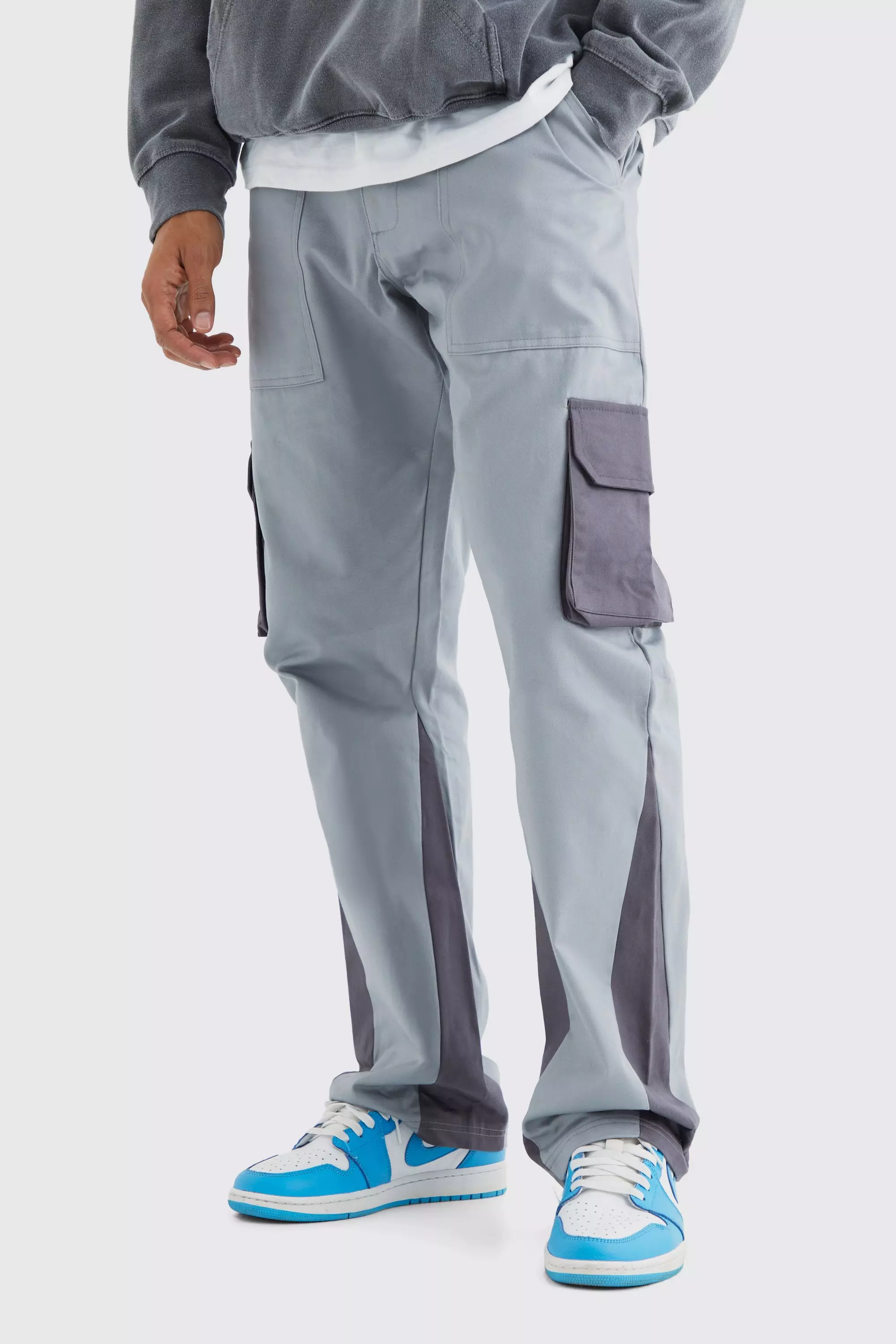 Slim Fit Colour Block Cargo Pants With Woven Tab Stone