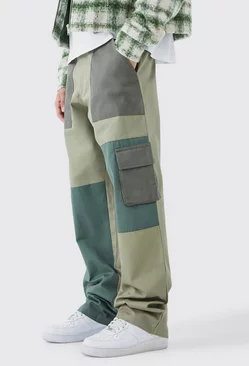 Relaxed Fit Colour Block Tonal Branded Cargo Pants Khaki