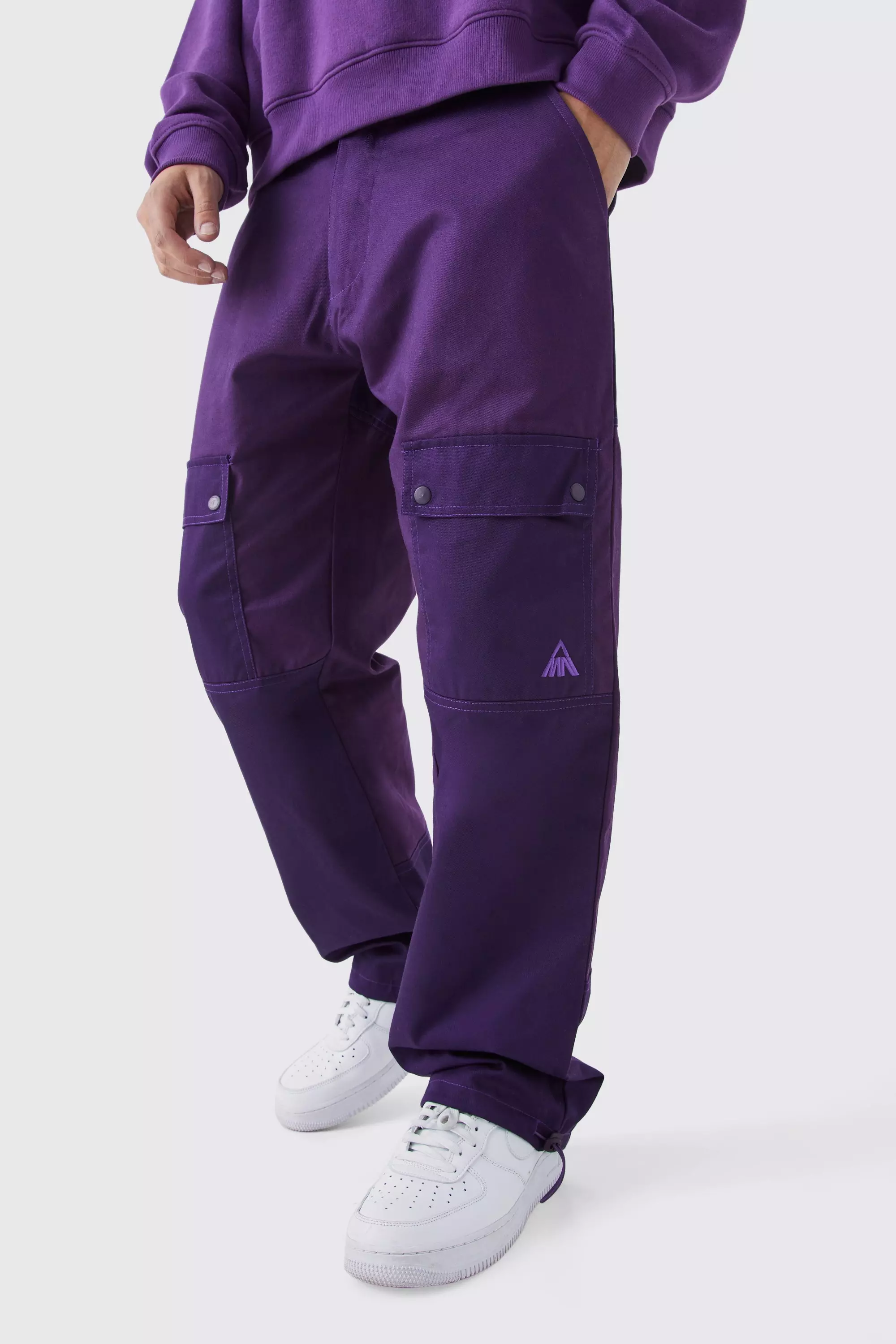 Relaxed Fit Colour Block Tonal Branded Cargo Pants Purple