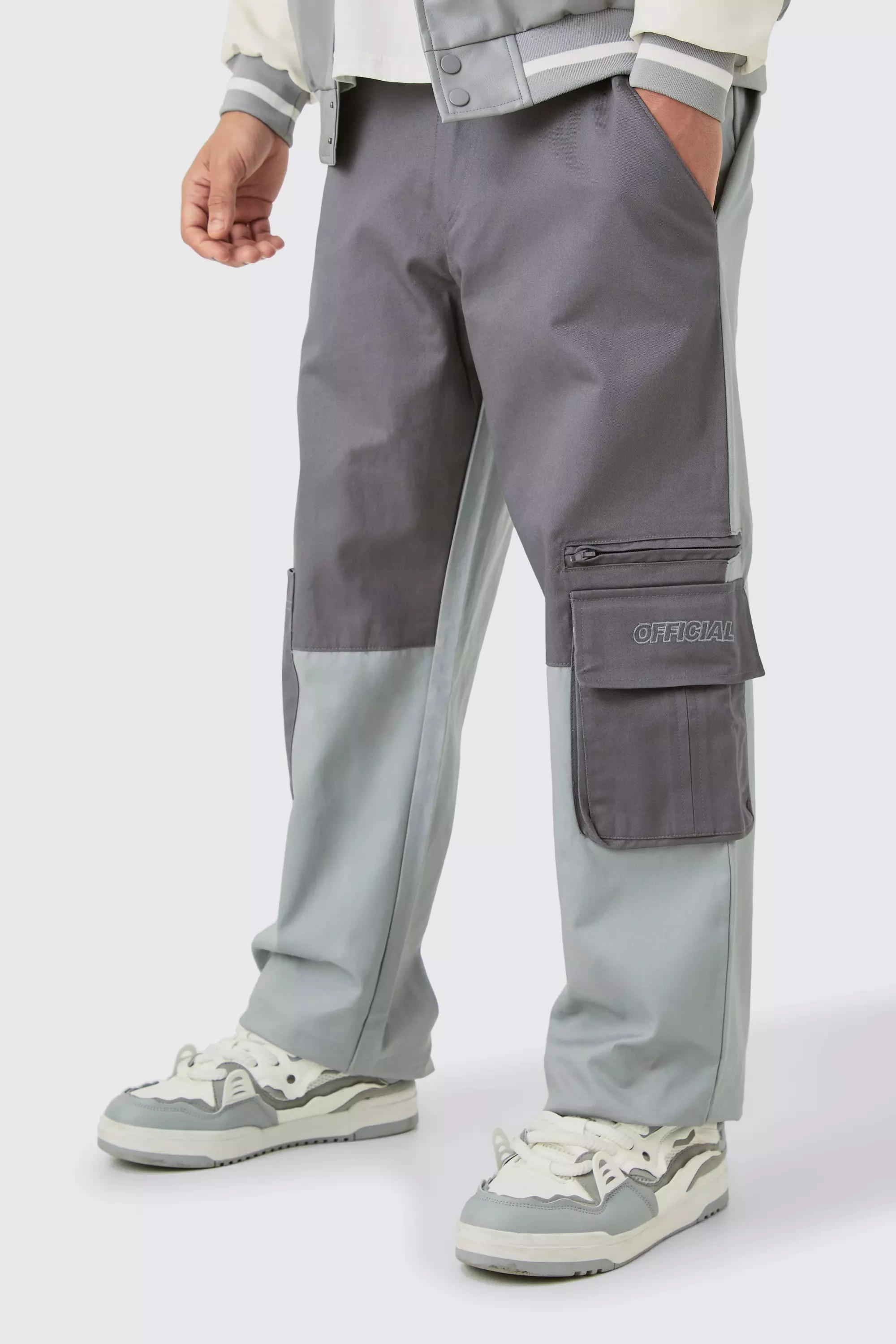 Charcoal Grey Relaxed Fit Colour Block Official Branded Cargo Pants