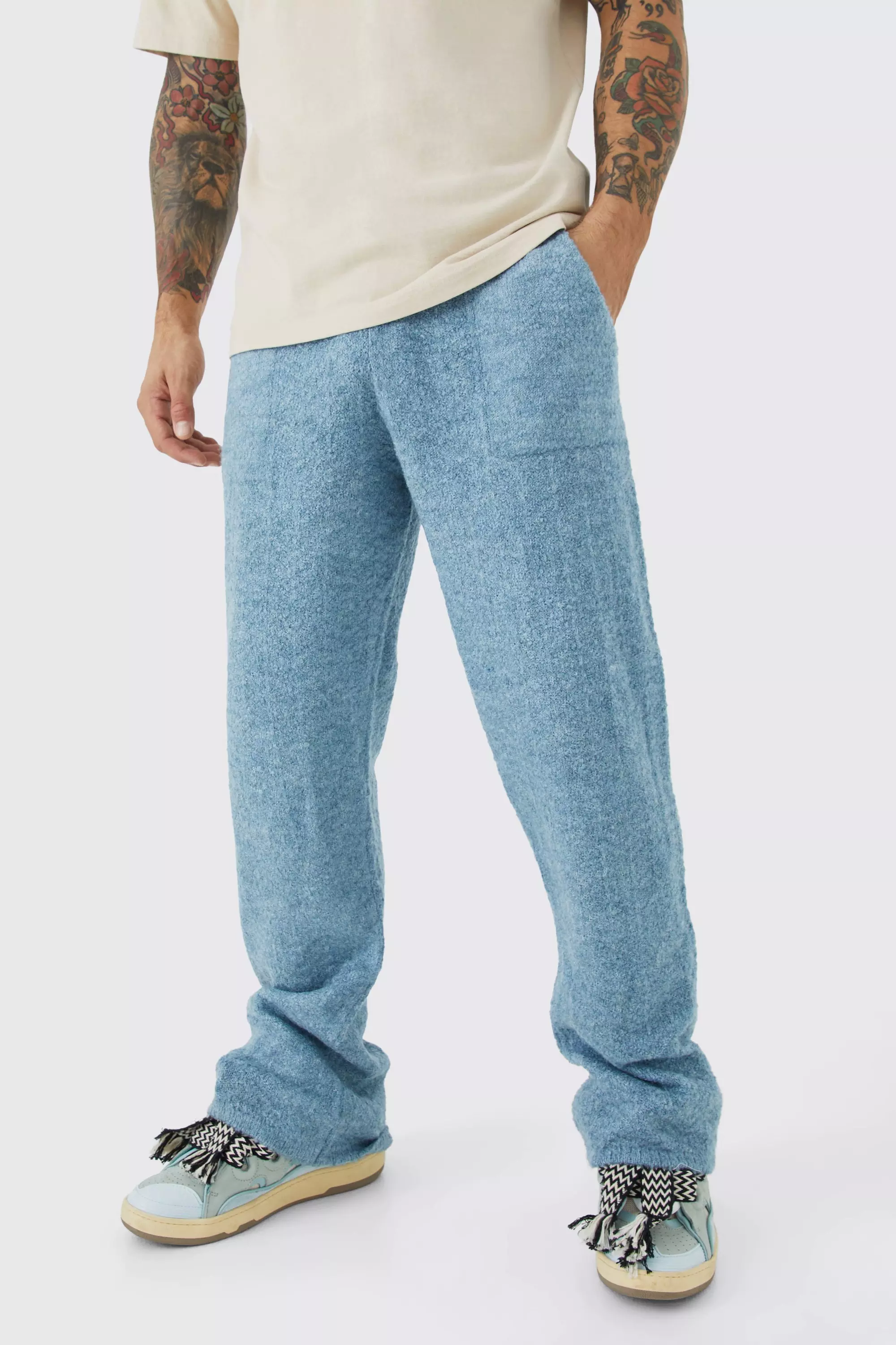 Relaxed Herringbone Knit Wide Leg Sweatpants slate blue