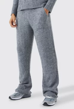 Grey Relaxed Herringbone Knit Wide Leg Sweatpants
