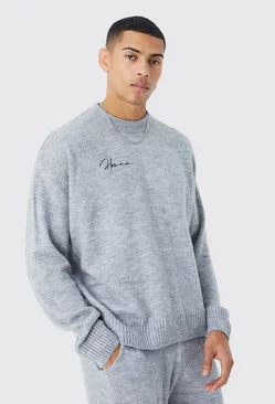 Boxy Homme Extended Neck Brushed Rib Knit Sweater Charcoal