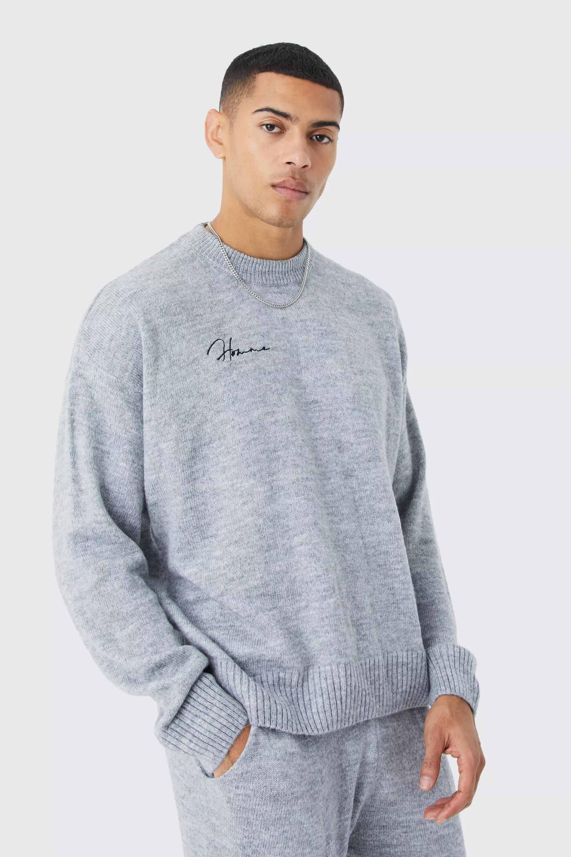 Charcoal Grey Boxy Homme Extended Neck Brushed Rib Knit Sweater