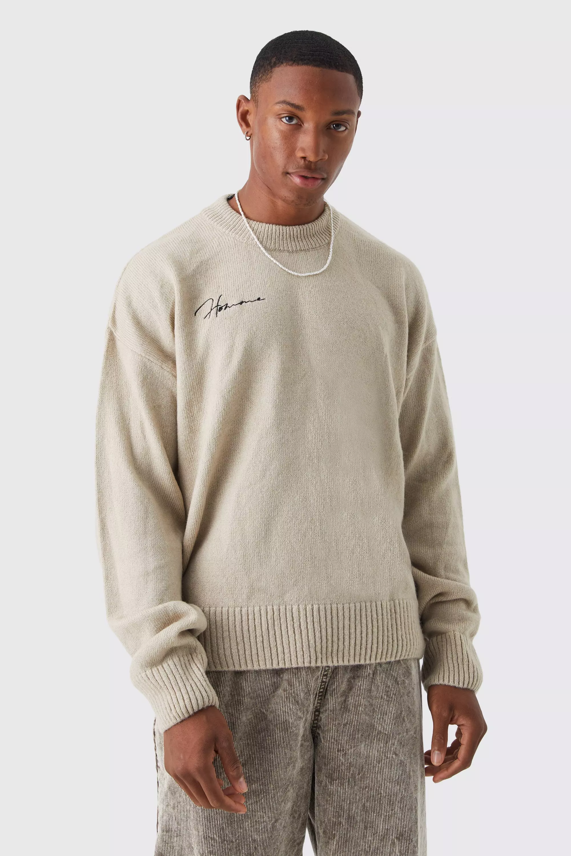 Stone Boxy Homme Extended Neck Brushed Rib Knit Jumper alternative image