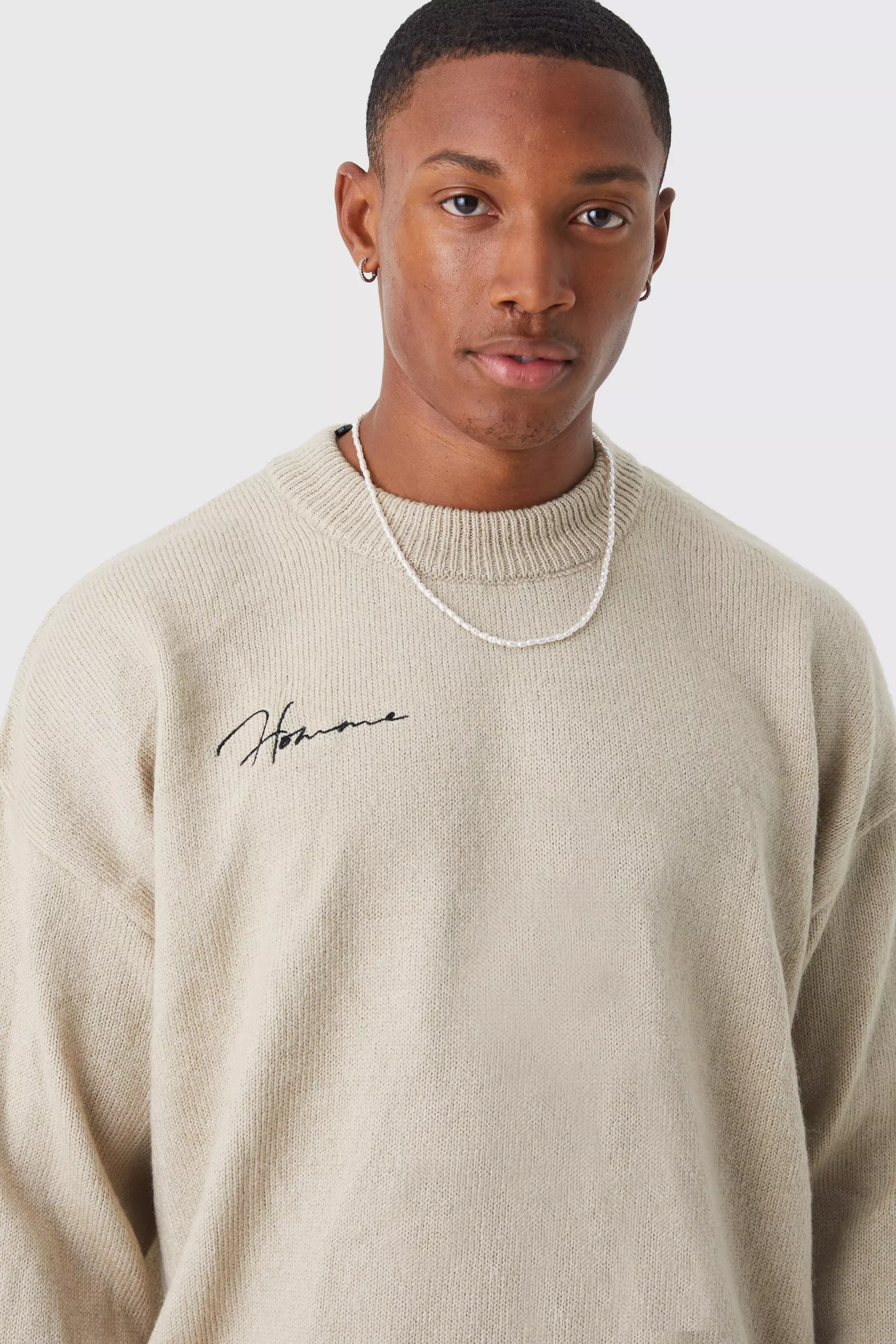 Stone Boxy Homme Extended Neck Brushed Rib Knit Jumper alternative image