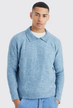 Blue Oversized Funnel Neck Herringbone Knit Sweater