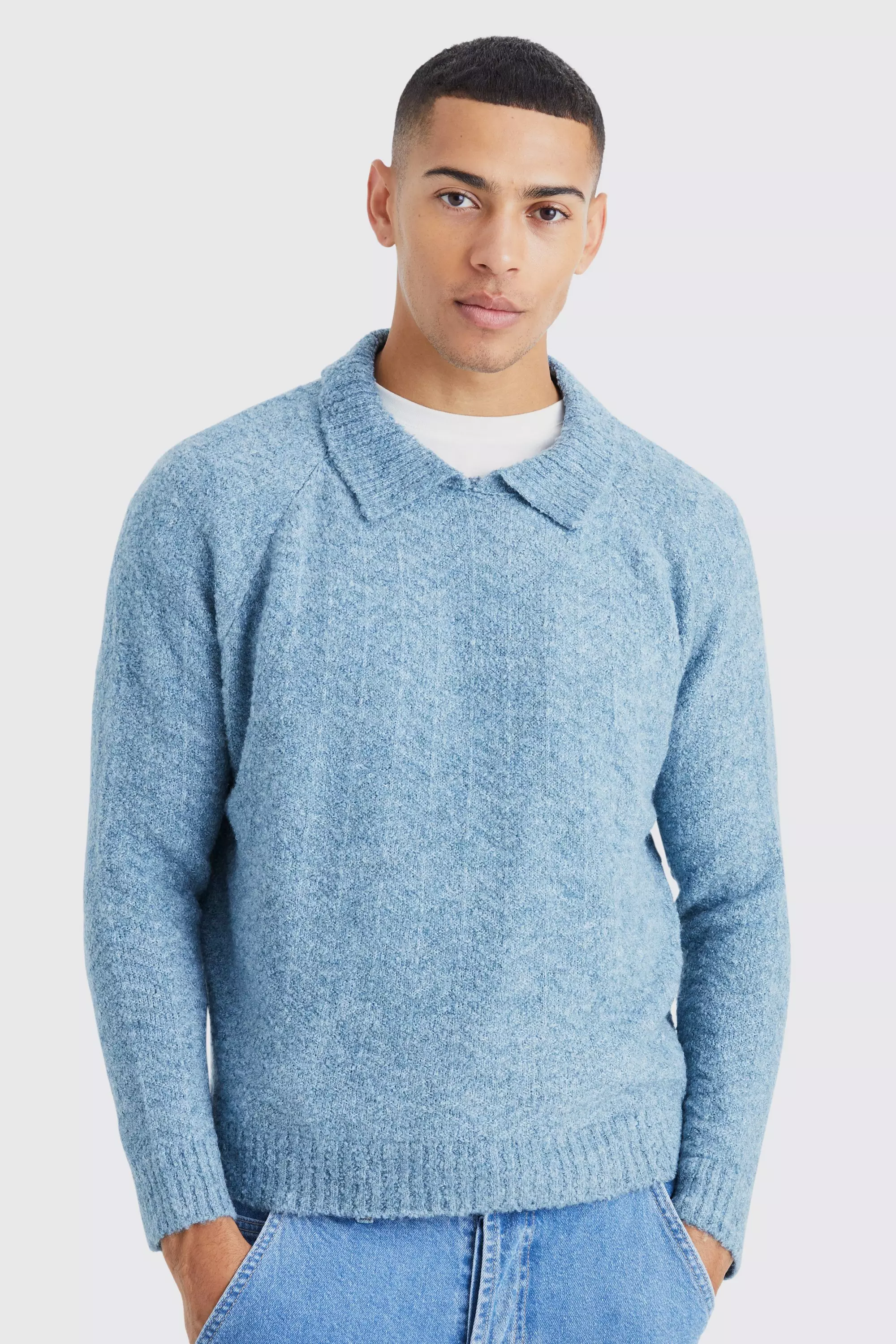 Oversized Funnel Neck Herringbone Knit Sweater slate blue