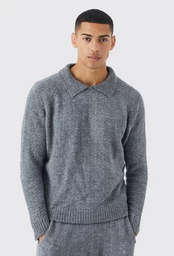 Grey Oversized Funnel Neck Herringbone Knit Sweater