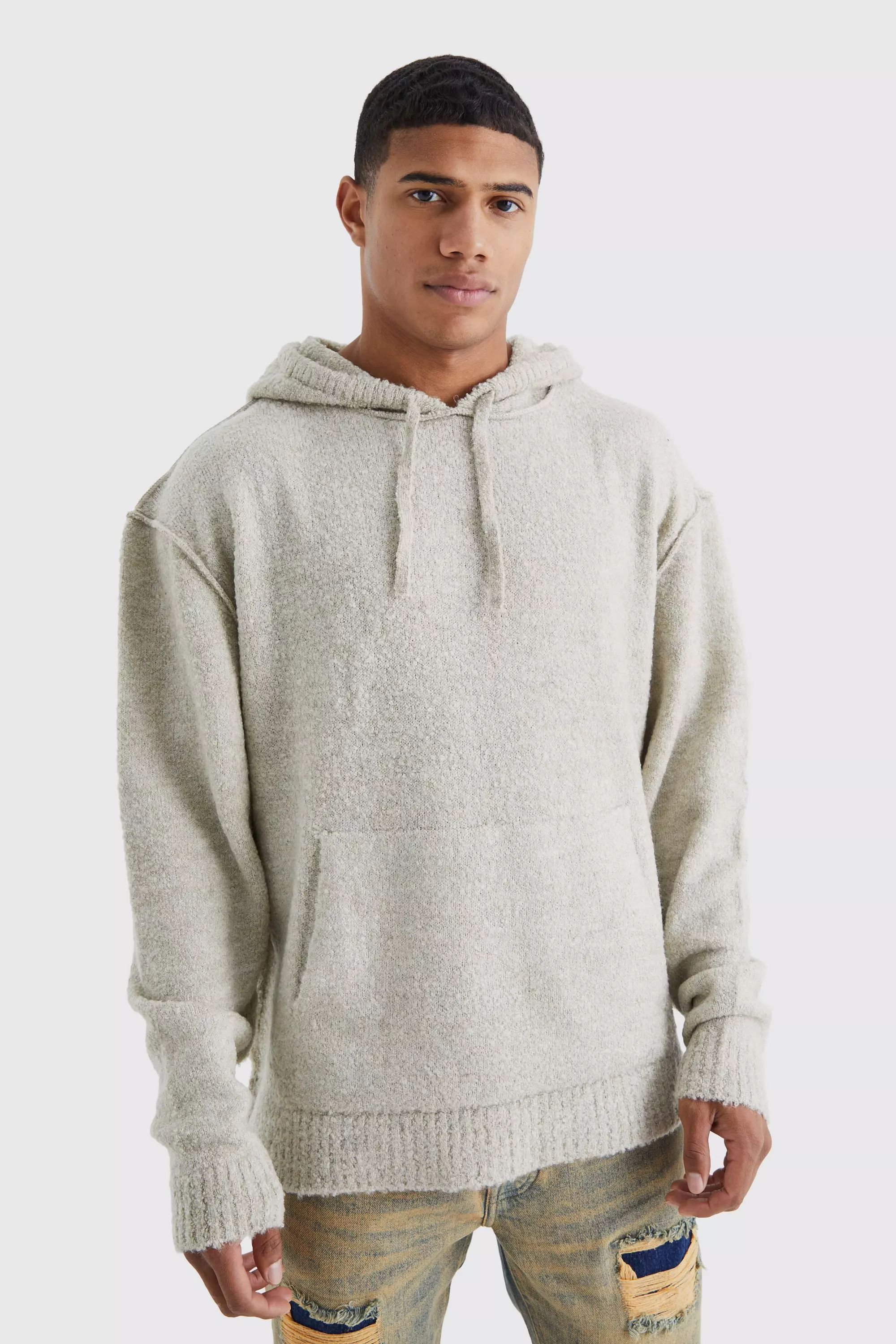 Oversized Boucle Knit Hoodie With Exposed Seams Stone