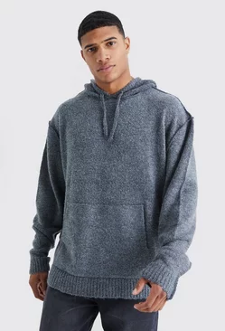 Oversized Boucle Knit Hoodie With Exposed Seams Charcoal