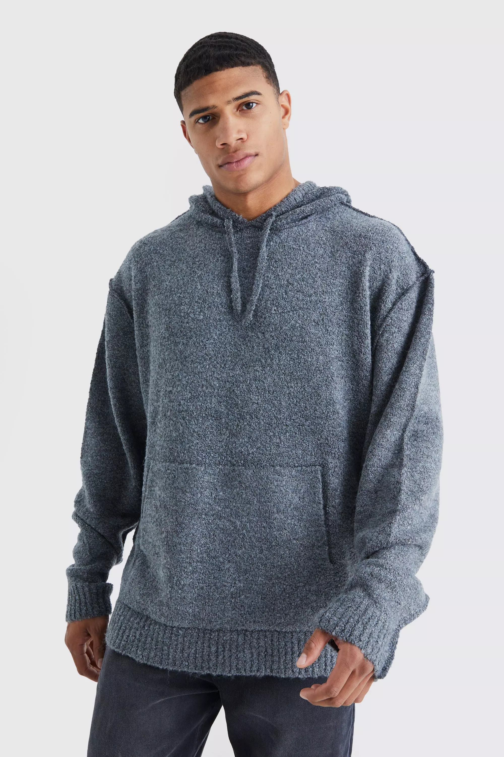 Oversized Boucle Knit Hoodie With Exposed Seams Charcoal