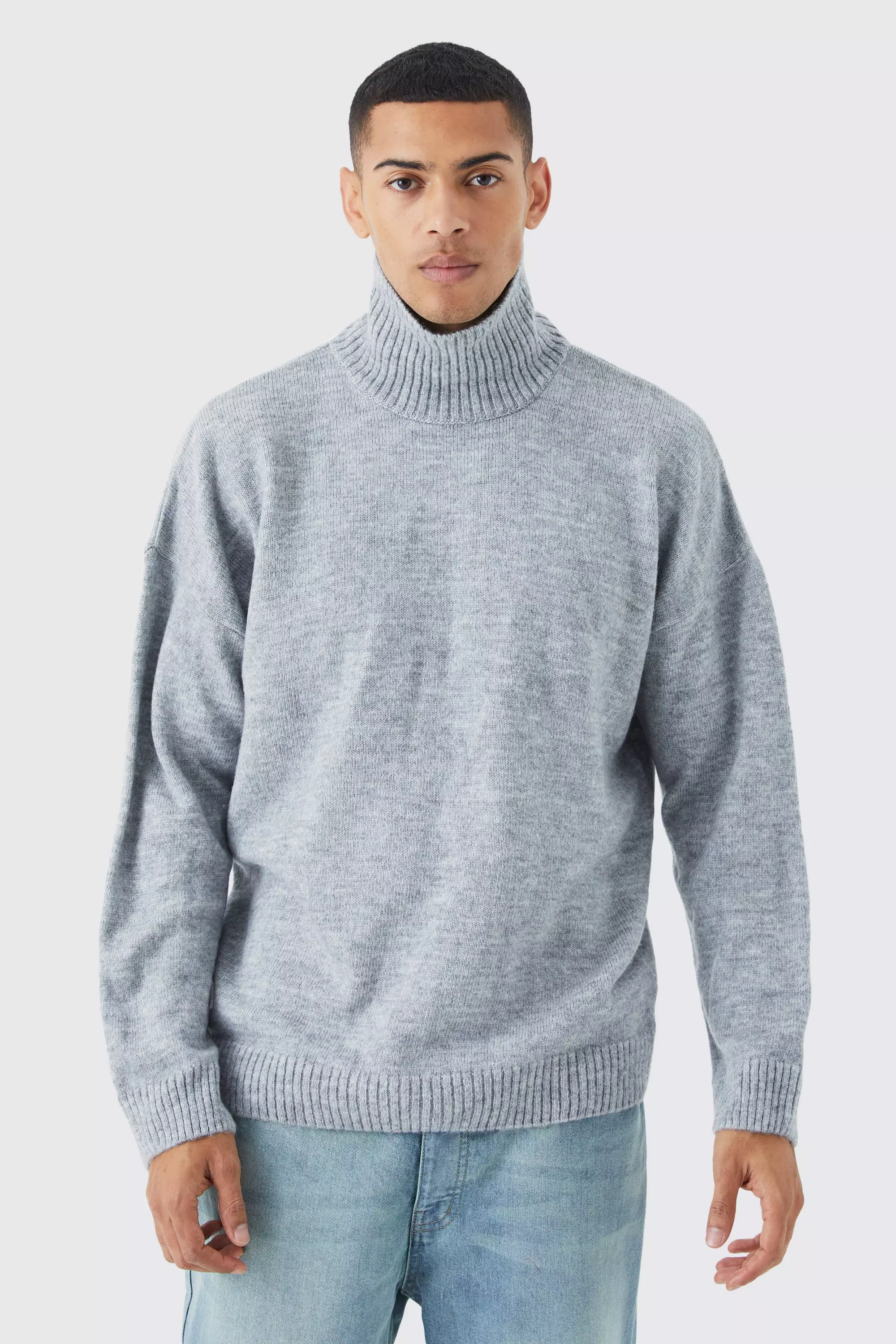 Charcoal Grey Oversized Funnel Neck Brushed Knit Sweater