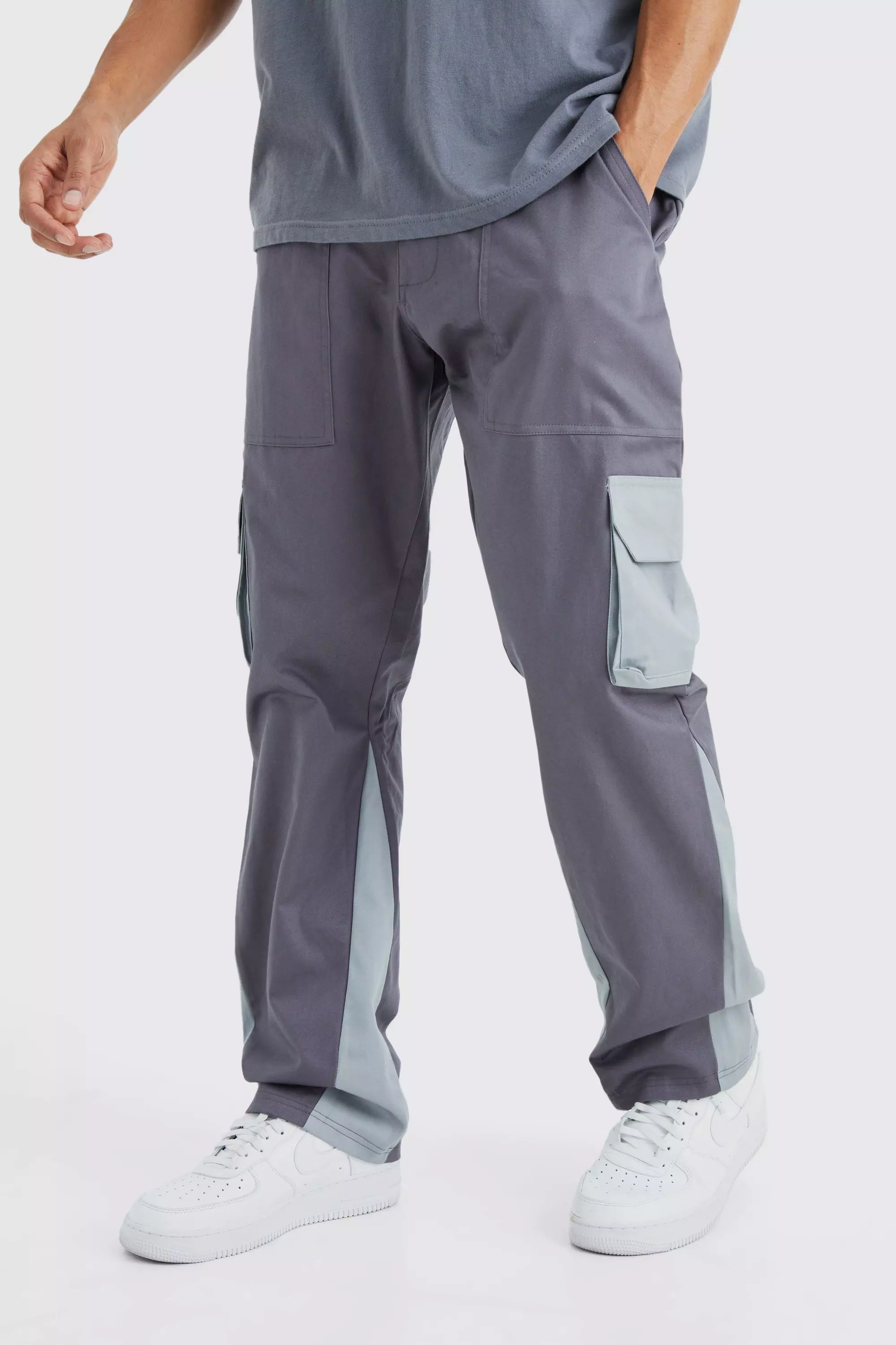 Charcoal Grey Slim Flare Gusset Colour Block Cargo Pants