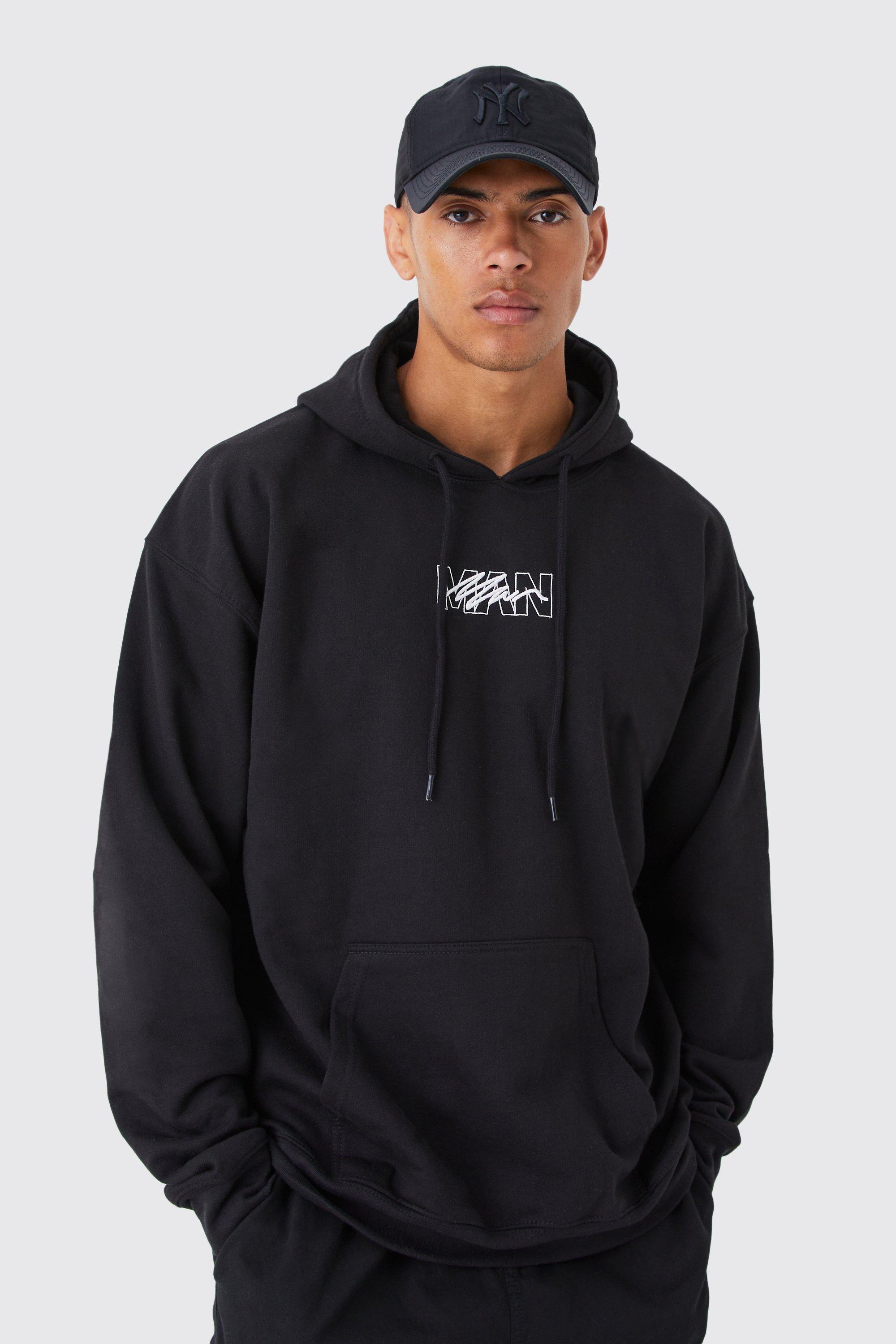 Boohooman hoodie with shop man embroidery in black