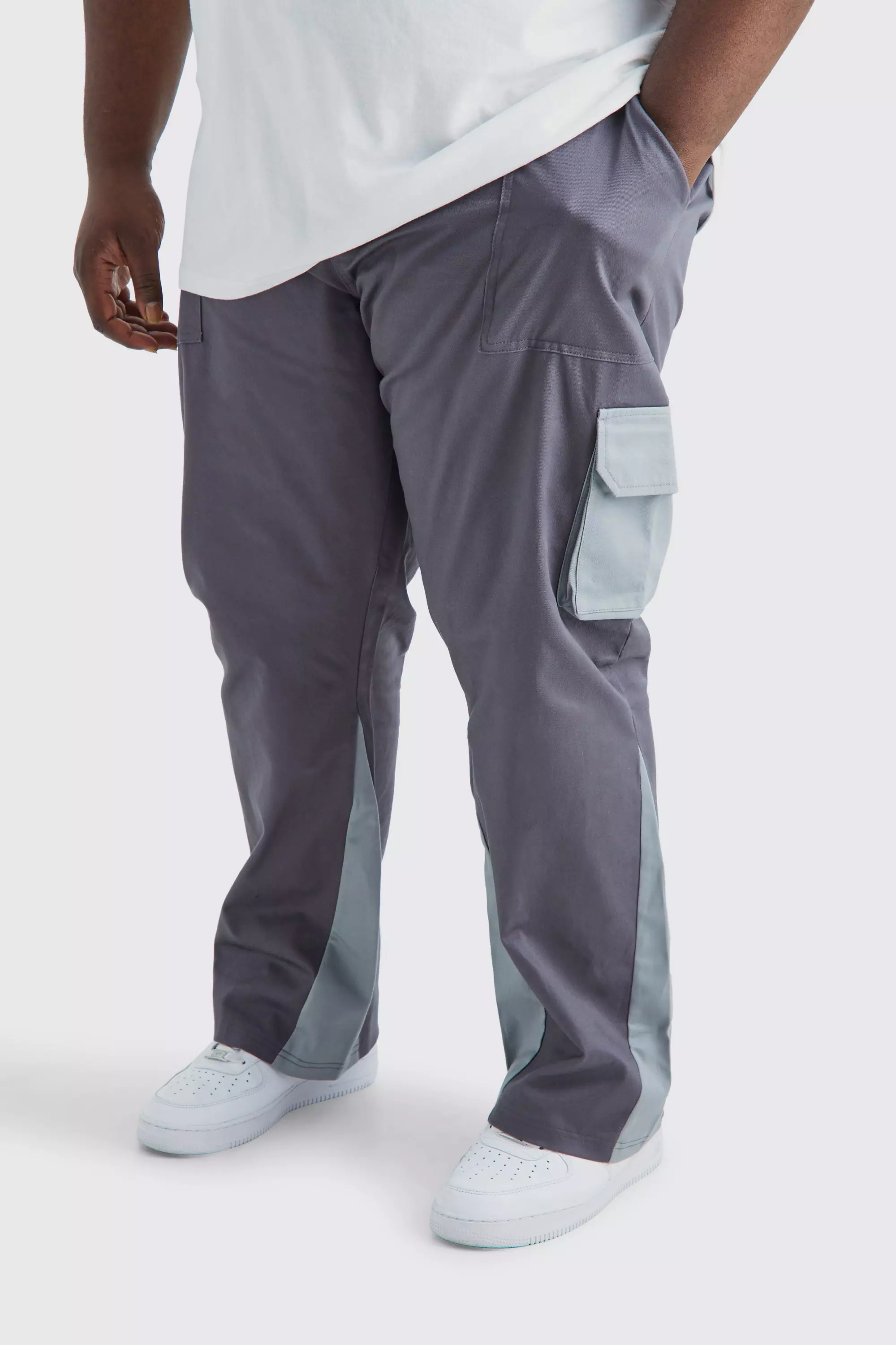 Charcoal Grey Plus Slim Flare Gusset Colour Block Cargo Pants