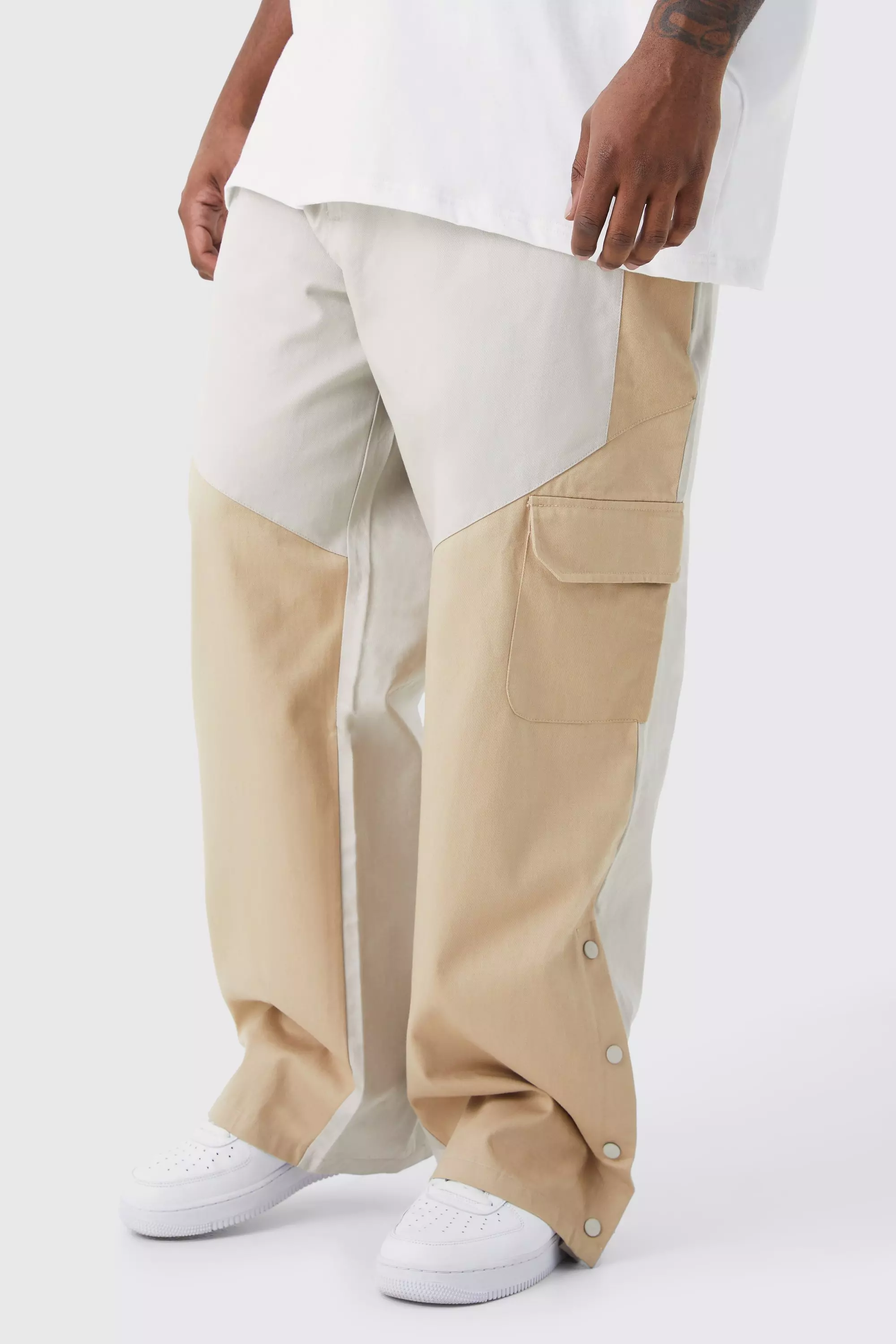 Stone Beige Plus Slim Fit Colour Block Cargo Pants With Woven Tab