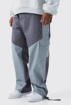 Charcoal Grey Plus Slim Fit Colour Block Cargo Pants With Woven Tab