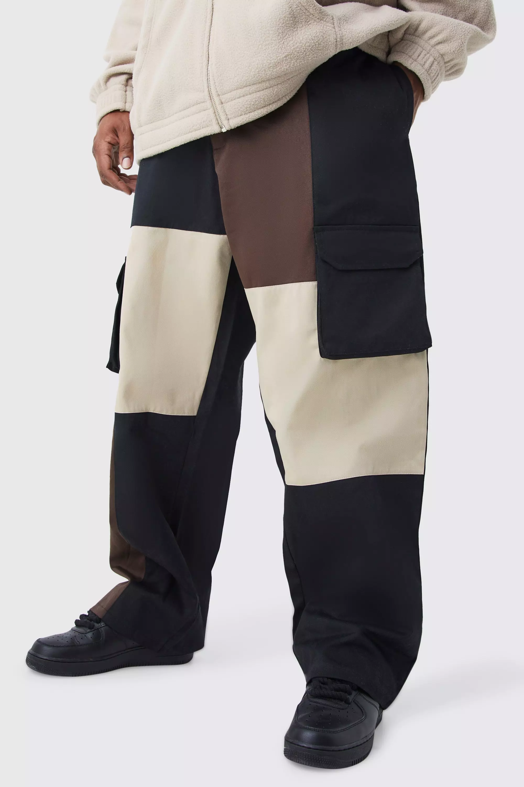 Chocolate Brown Plus Relaxed Fit Multi Colour Block Cargo Pants