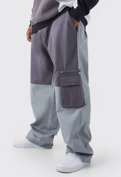 Charcoal Grey Plus Relaxed Fit Colour Block Official Branded Cargo Pants