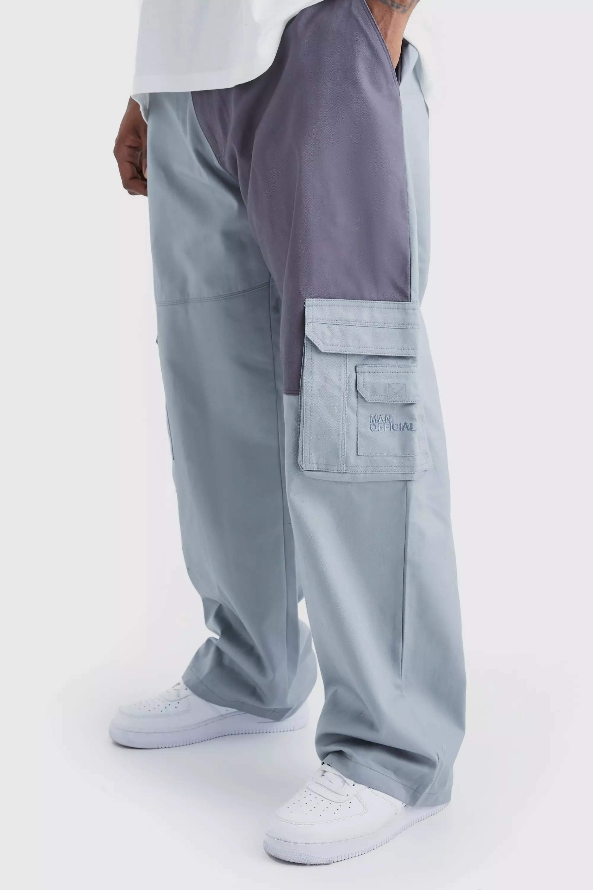 Charcoal Grey Plus Relaxed Fit Colour Block Tonal Branded Cargo Pants