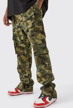 Khaki Plus Slim Stacked Flare Multi Cargo Camo Bandana Pants