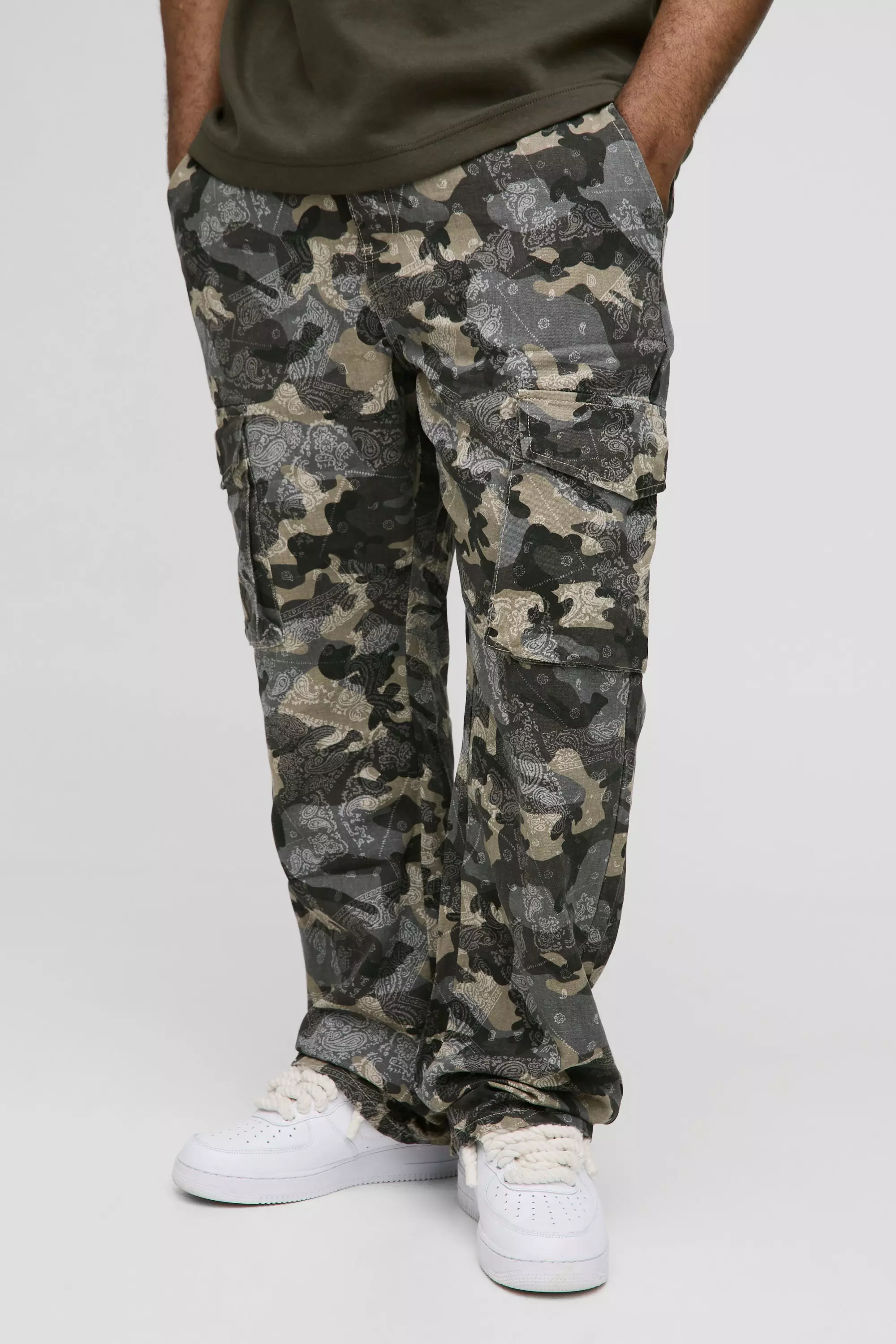 Light grey Plus Slim Flare Gusset Camo Bandana Cargo Trouser alternative image