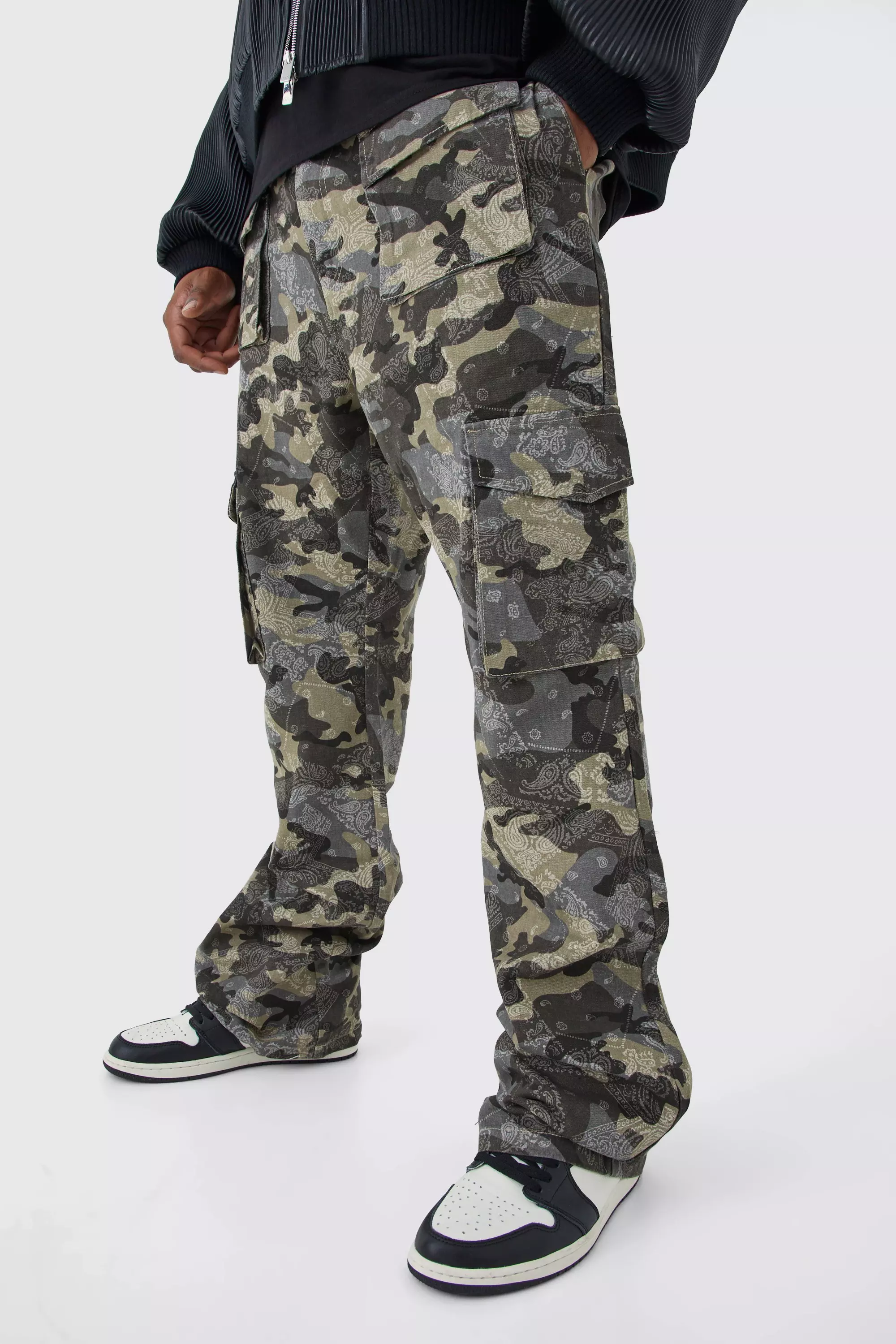 Light-grey Grey Plus Slim Stacked Flare Multi Cargo Camo Bandana Pants