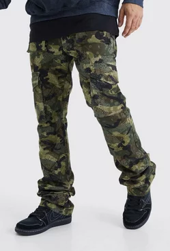 Khaki Slim Stacked Flare Multi Cargo Camo Bandana Pants