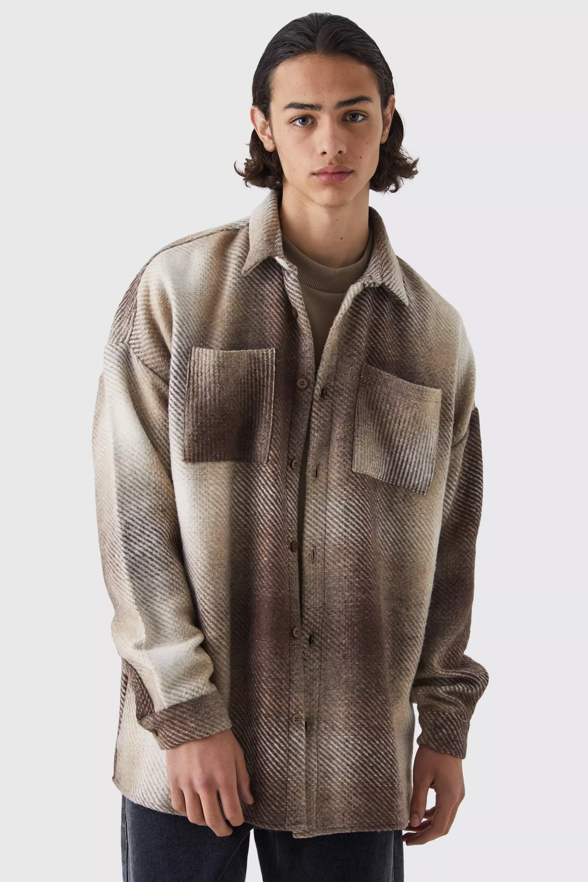 Stone Beige Oversized Button Up Ombre Check Overshirt