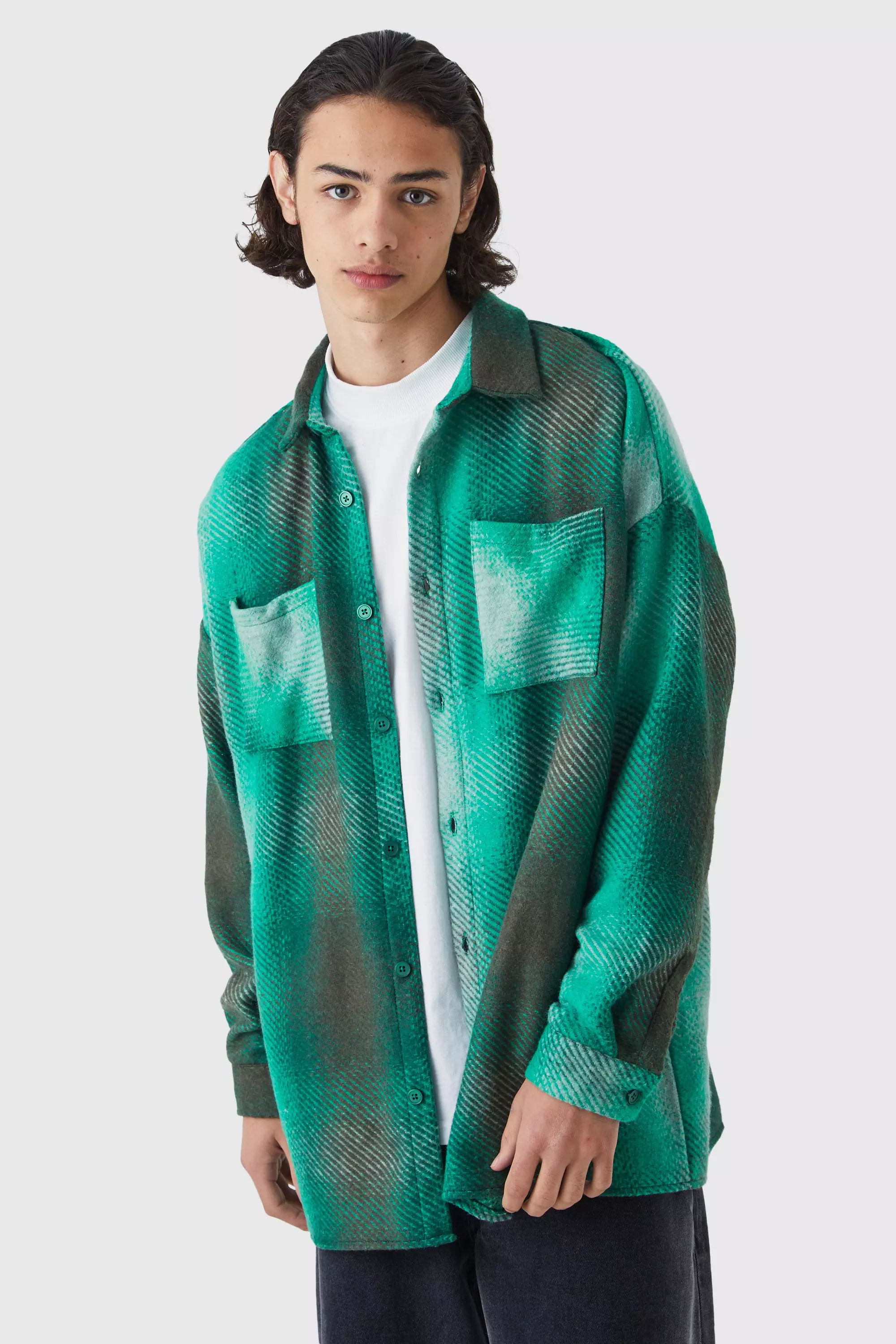 Oversized Button Up Ombre Check Overshirt Green