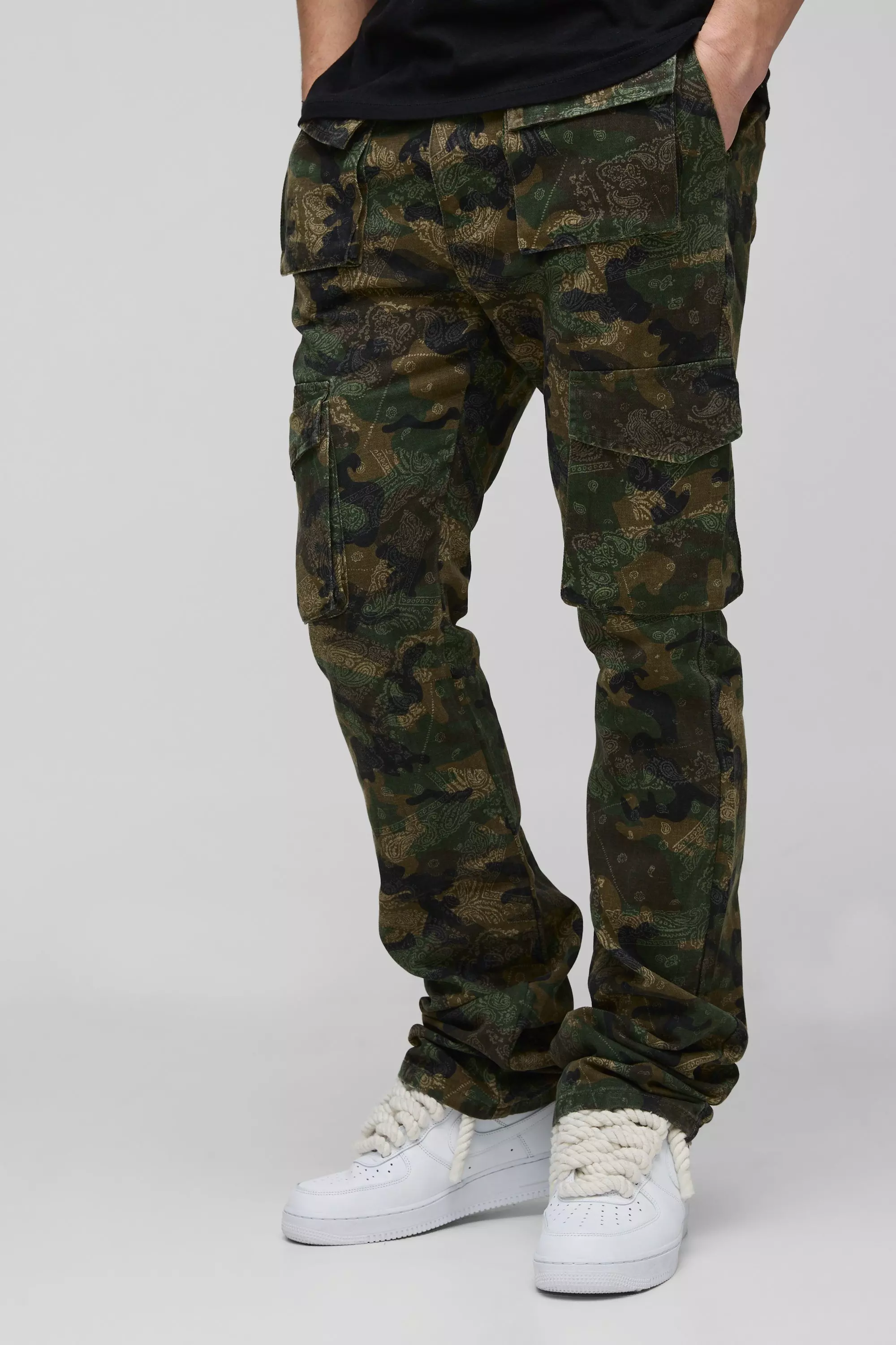 Tall Slim Stacked Flare Multi Cargo Camo Bandana Trouser Dark green