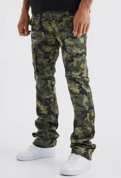 Tall Slim Stacked Flare Multi Cargo Camo Bandana Pants Khaki