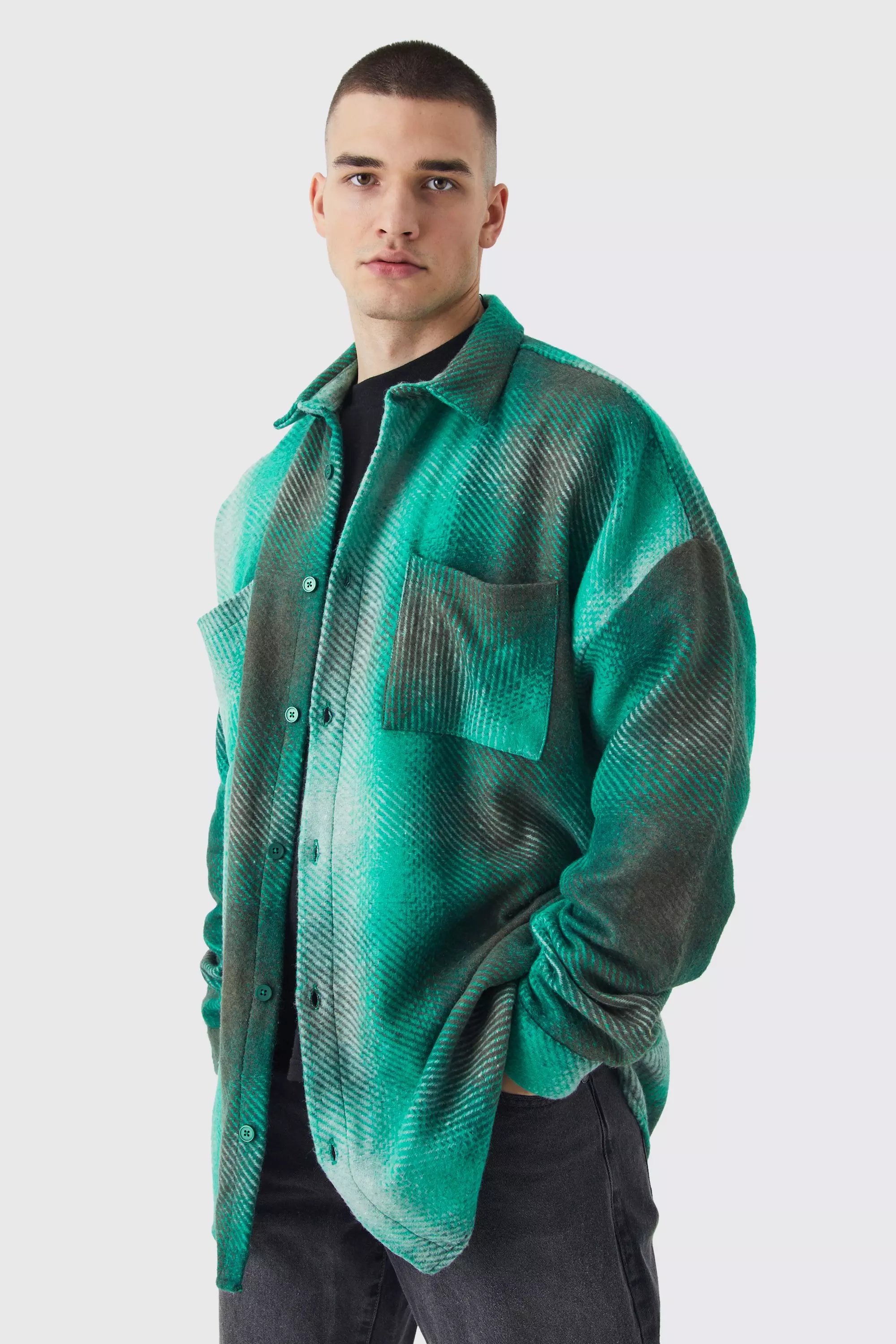 Green Oversized Button Up Ombre Check Overshirt