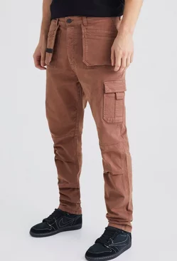 Chocolate Brown Tall Slim Fit Strap Detail Cargo Pants