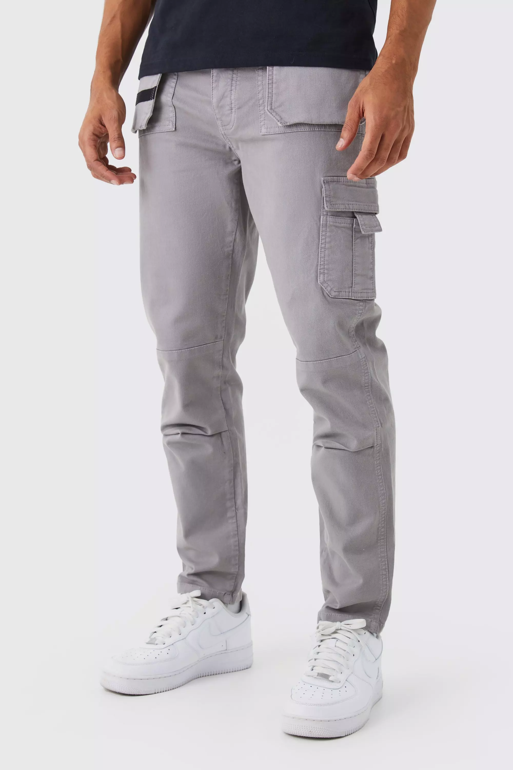 Charcoal Grey Slim Fit Strap Detail Cargo Pants