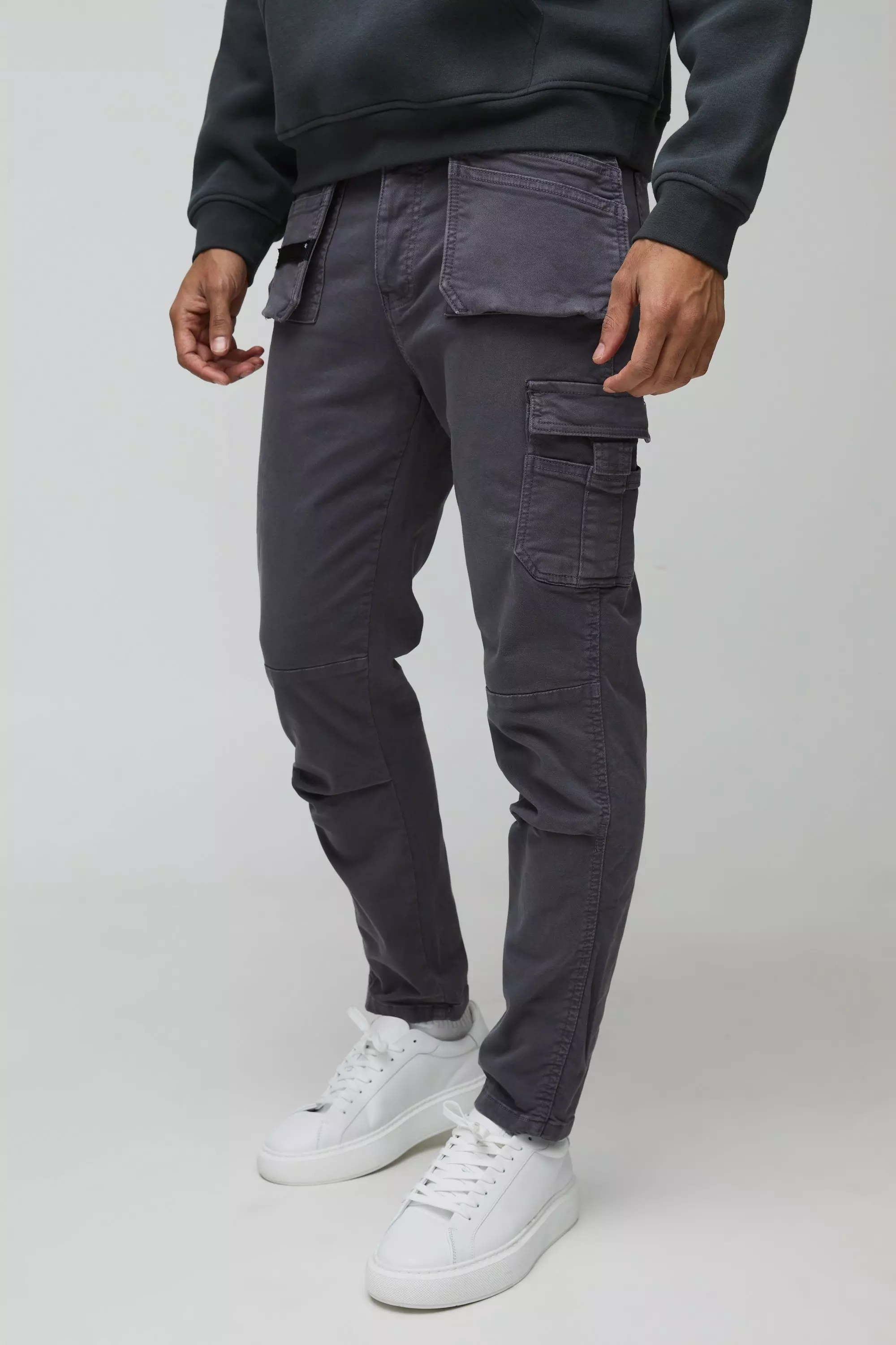 Charcoal Grey Slim Fit Strap Detail Cargo Pants