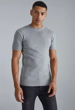 Ribbed Muscle Short Sleeve Extended Neck Knitted T-shirt Grey marl