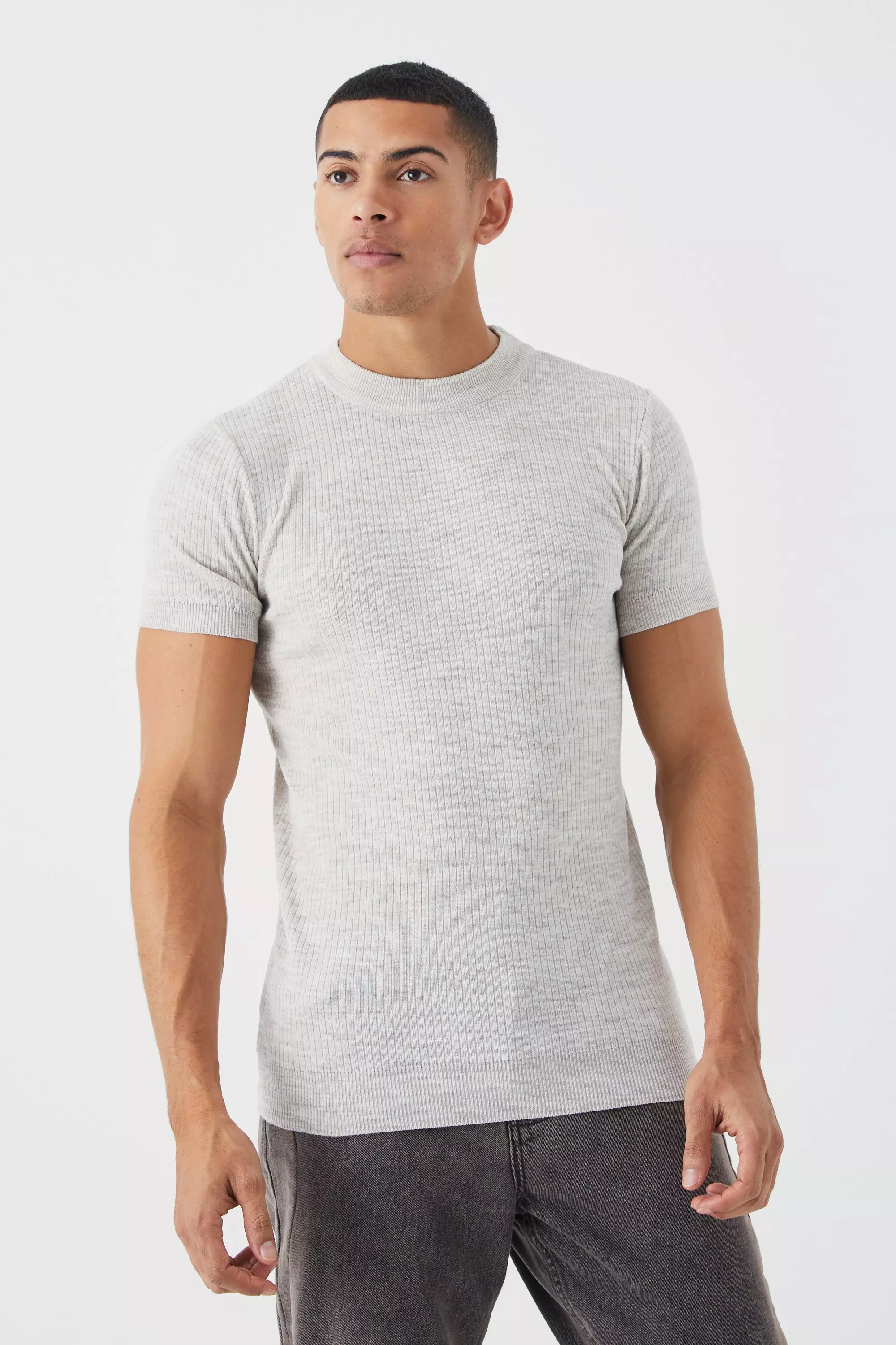 Ribbed Short Sleeve Extended Neck Knitted T-shirt Taupe