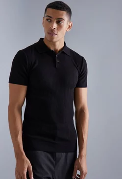 Black Muscle Short Sleeve Ribbed Polo