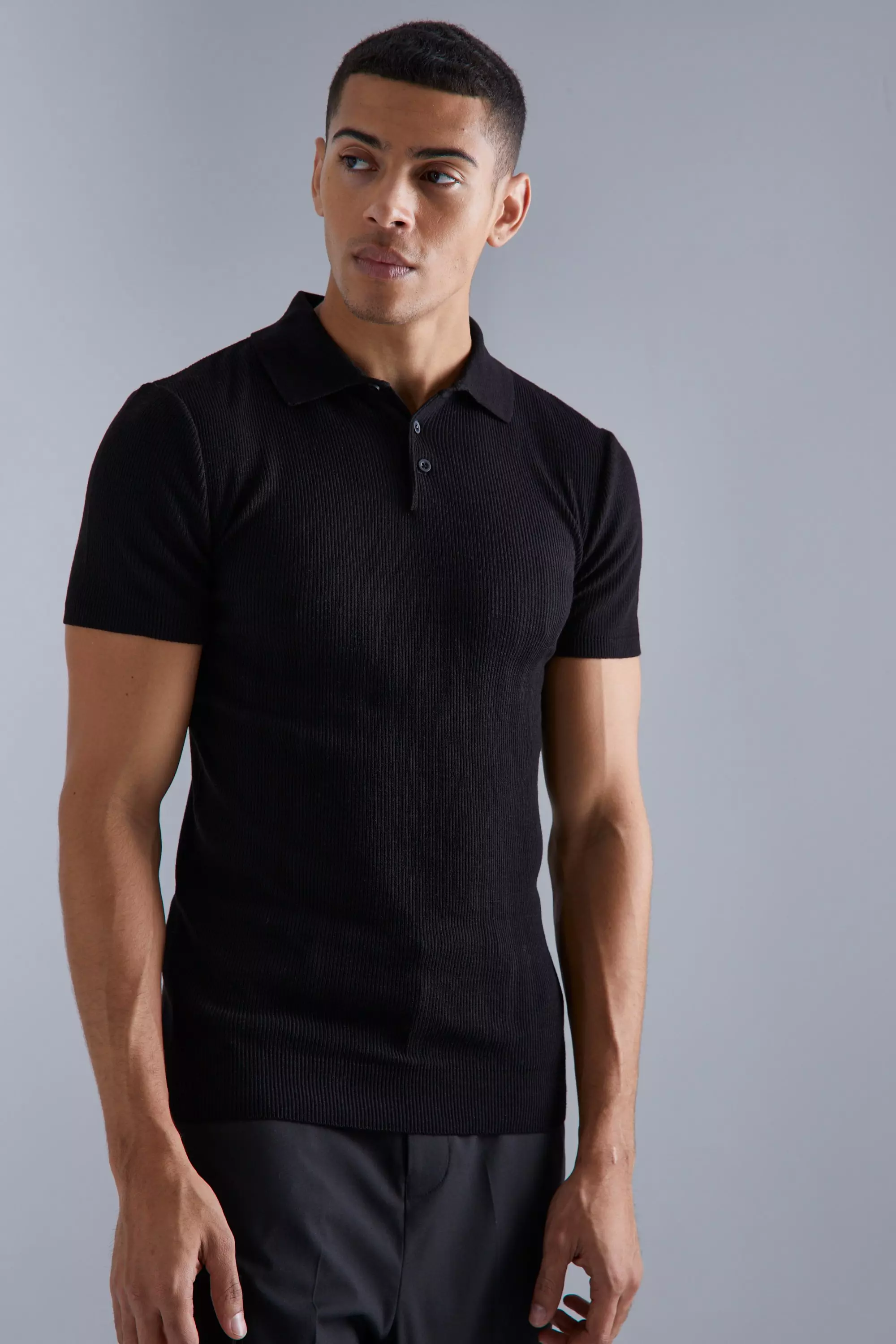 Muscle Short Sleeve Ribbed Polo Black