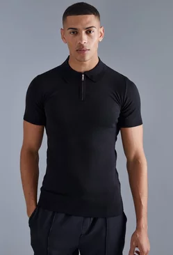 Black Muscle Short Sleeve Half Zip Polo