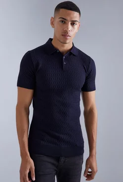 Muscle Short Sleeve Cable Polo Navy