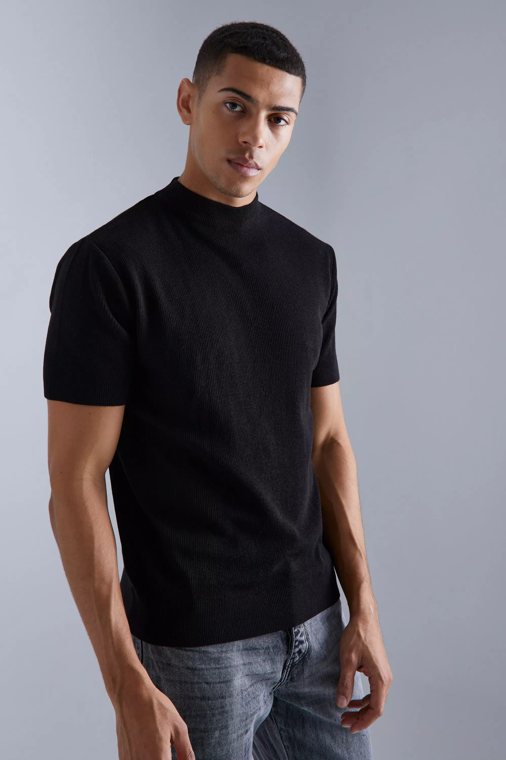 Short Sleeve Turtle Neck Rib Jumper Black