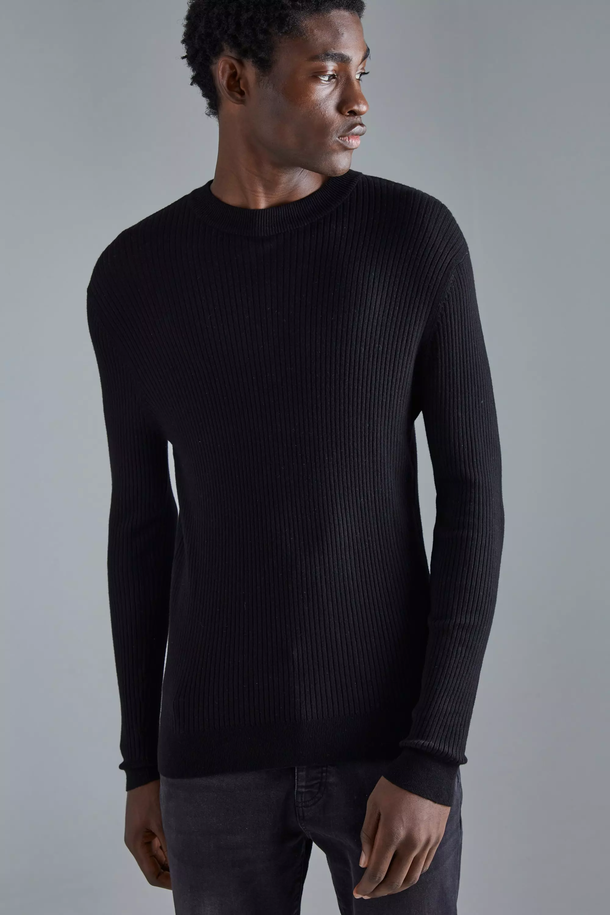 Muscle Fit Ribbed Extended Neck Jumper Black