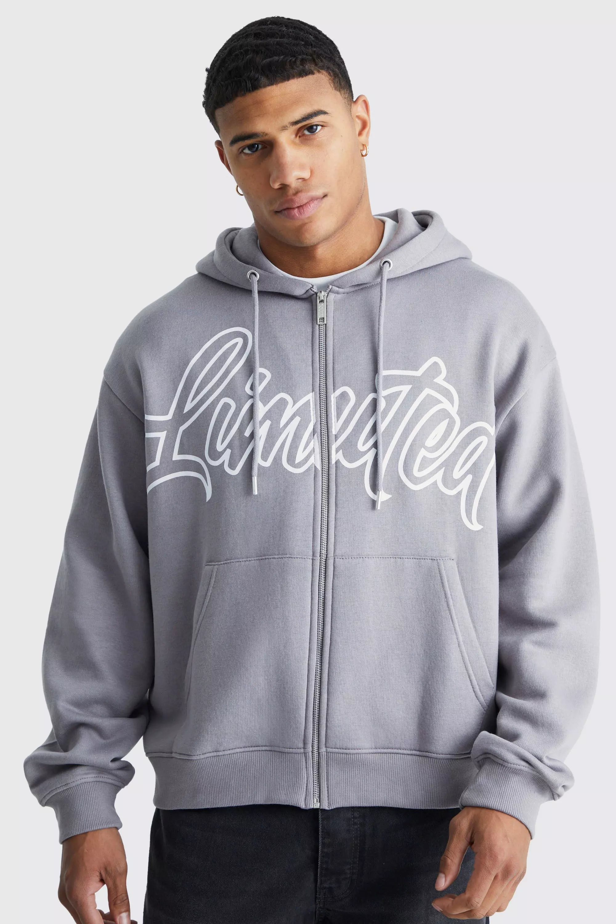 Oversized Boxy Zip Through Limited Hoodie Light grey